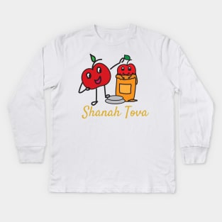 Shana Tova greeting with cute apple and honey Kids Long Sleeve T-Shirt